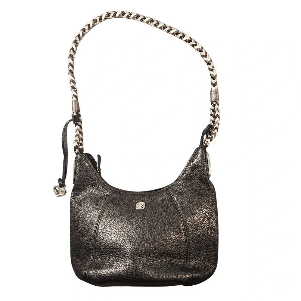 Brighton Hobo Bag Womens Black Leather Braided Strap Shoulder Floral‎ Lining